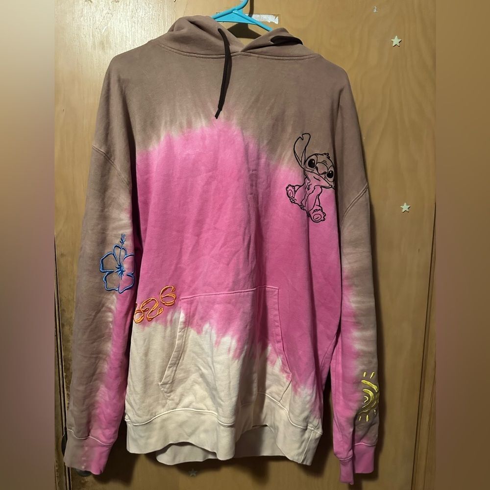 Disney Parks stitch Pink Brown White tie dye embroidered hoodie NWT size Xl